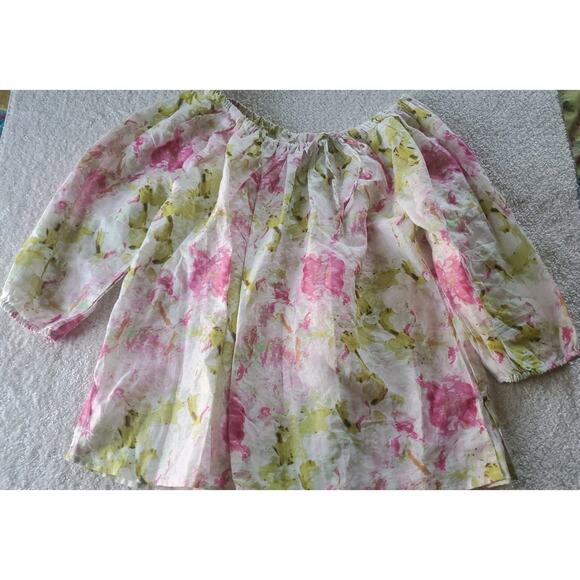 Hester & Orchard Linen Blend XL Watercolor Floral 3/4 Puff Sleeve Peasant Top - Picture 1 of 10